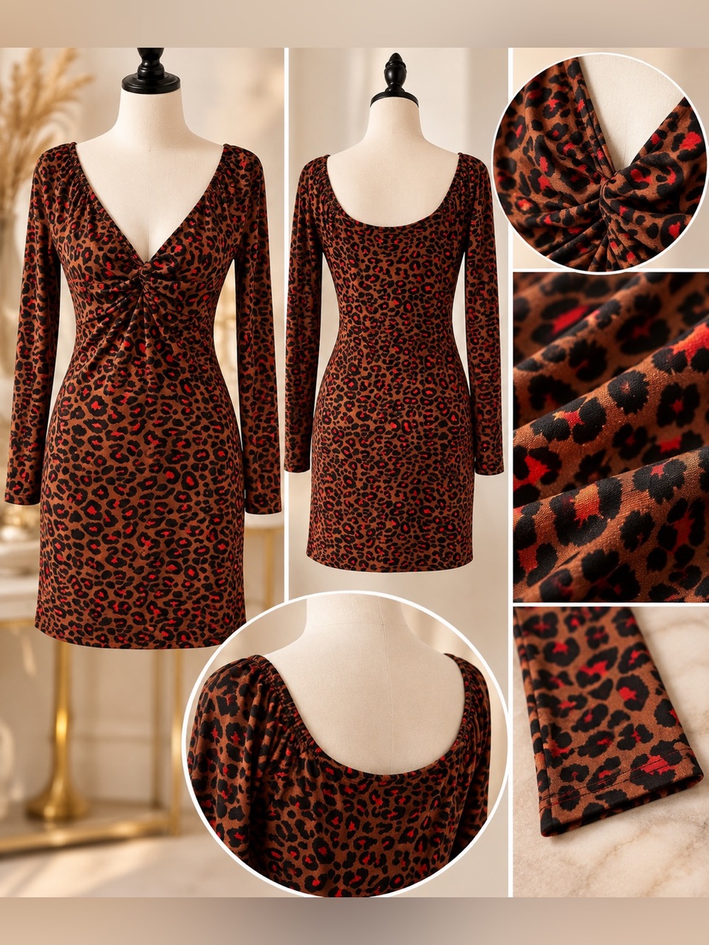 LUSH Brown & Red Leopard Print Ruched Front Mini Dress – Size M